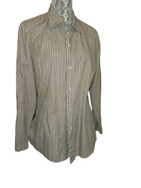 Designer Long Striped Button-Up Shirt in White and Tan